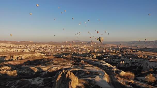 Veel ballonnen vliegen naar de hemel. Cappadocialandschap met rotsen en huizen uitgehouwen in deze rots. — Stockvideo