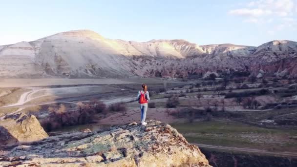 Letecké. Drone video o siluetě ženy na horách v noci s význačním světlem — Stock video