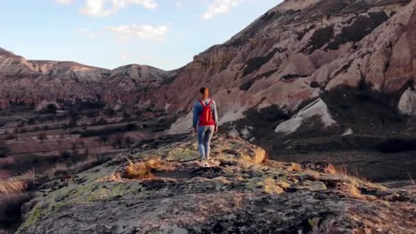 Antenne. Drone video van silhouet vrouw op berg in de ochtend met vintage Light — Stockvideo