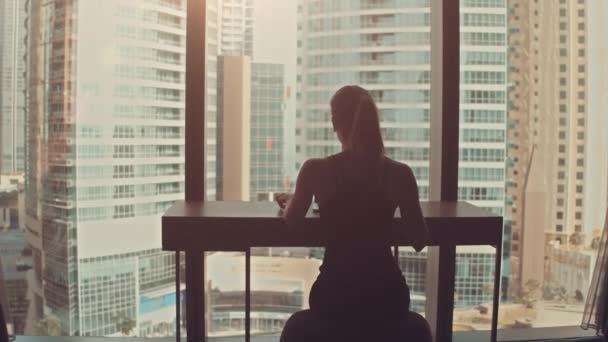 Belle femme d'affaires prospère travaillant sur un ordinateur portable dans son bureau avec fenêtre de vue paysage urbain. Strong Independend Female CEO Runs Business Company. Soleil brille derrière elle. — Video