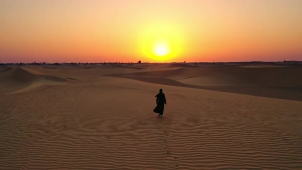 Aerial view from a drone flying next to a woman in abaya United Arab Emirates traditional dress walking on the dunes in the desert of the Empty Quarter. Abu Dhabi, UAE. — Stock Video