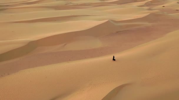 Vista aérea desde un dron volando junto a una mujer en abaya Vestido tradicional de los Emiratos Árabes Unidos caminando por las dunas en el desierto del Barrio Vacío. Abu Dhabi, Emiratos Árabes Unidos. — Vídeos de Stock