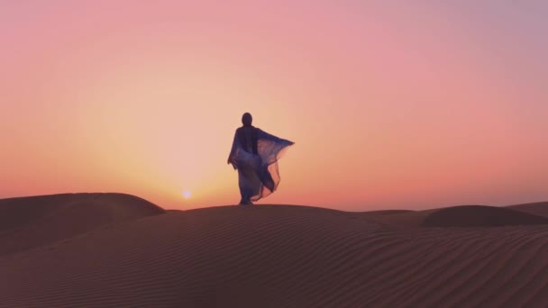 Slowmotion. Vrouwen het dragen van mooie blauwe en witte Arabische kleren stijgende haar handen in de woestijn — Stockvideo