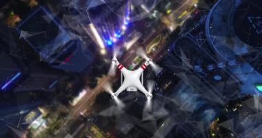 Hava. Şehir Fütüristik hatları ve teknoloji konsepti üzerinde uçan drone animasyonu