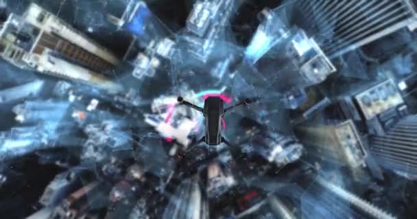 Antenne. Animatie van drone vliegen boven stad futuristische lijnen en technologie concept — Stockvideo