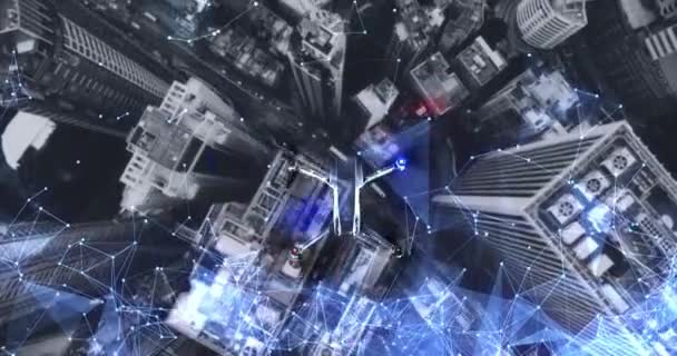Antenne. Animatie van drone vliegen boven stad futuristische lijnen en technologie concept — Stockvideo