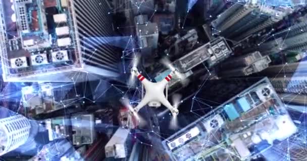 AERIAL. Animation of drone flying above city Futuristic lines and technology concept — Stock Video