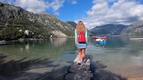 Rear view of a beautiful unidentified young woman tourist walking on the pier — Stock Video