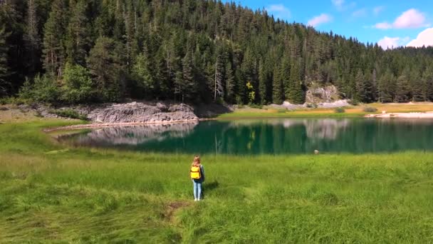 Vista aérea jovem turista vai para um lago de montanha — Vídeo de Stock