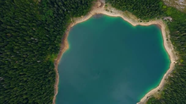Αεροφωτογραφία είναι μια μαγική θέα μιας λίμνης βουνού με δάσος και λόφους — Αρχείο Βίντεο