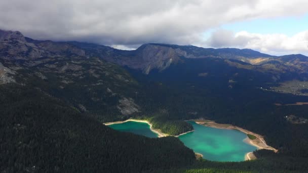 Vista aérea una vista fascinante de un lago de montaña con bosque — Vídeos de Stock