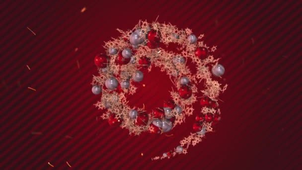 Vacanza creativa animazione tunnel con palle di Natale e fiocchi di neve su sfondo linee rosse statiche. Luminoso concetto di Natale rosso . — Video Stock