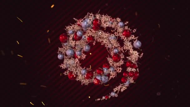 Sinema tarzı. Noel yaratıcı tünel animasyonu. Durağan kırmızı çizgiler üzerinde kostüm topları ve kar taneleri. Koyu renk arka plan.. — Stok video