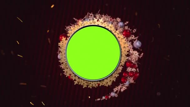 Кіностиль. Святкова творча анімація тунелю з ялинковими кульками та сніжинками на статичних червоних лініях фону темного стилю. зелений екран в центрі анімації . — стокове відео