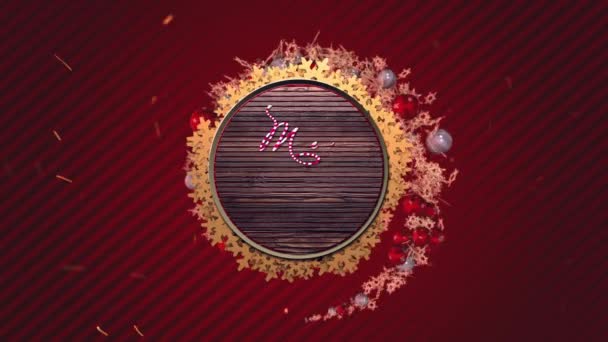 Holiday creative tunnel animation with xmas balls and snowflakes on static red lines Dark style background. Merry Christmas inscription in center of animation. — Stock Video