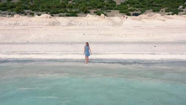 AERIAL. Ein junges, schönes Mädchen an der Küste des Ozeans. Malediven. — Stockvideo