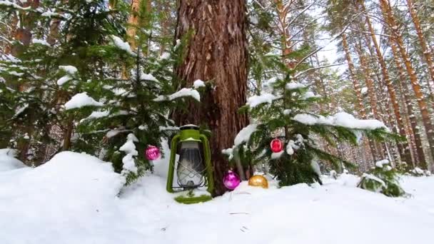 Conceito de Natal. Neve caindo na floresta com bolas de ano novo. — Vídeo de Stock