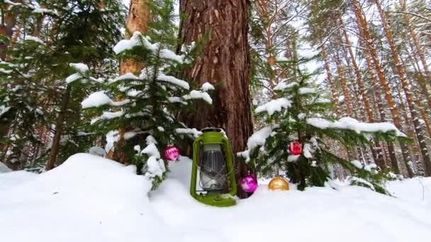 Conceito de Natal. Neve caindo na floresta com bolas de ano novo. — Vídeo de Stock
