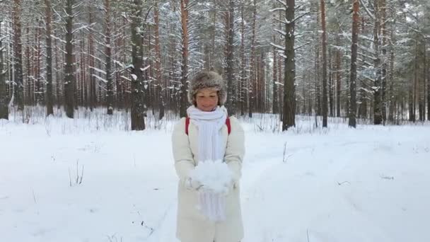 Menina bonita nova na floresta de Ano Novo brincando com neve e sorrindo. Conceito de felicidade inverno. — Vídeo de Stock