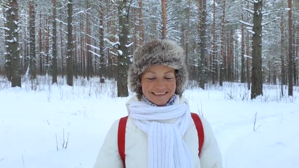 冬の森のクリスマス休暇に若い美しい女の子。カメラで手を振る。幸せの目が輝き. — ストック動画