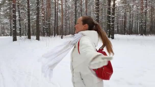 Uma jovem menina alegre está girando com as mãos subindo conceito de vídeo felicidade na floresta de inverno. — Vídeo de Stock