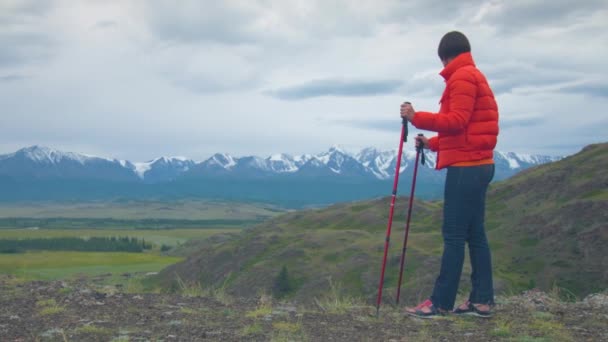 Ein Wanderer in den Bergen steht auf einem Felsen und stützt sich auf schwedische Stöcke. — Stockvideo
