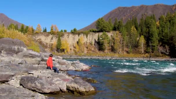 女旅行家望着高山河流的自然峡谷。旅行的概念. — 图库视频影像