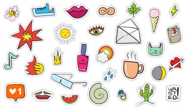 Şirin renkli Modern yama ayarlayın. Moda yamalar. Çizgi film 80 - 90 's tarzı. Vektör çizim