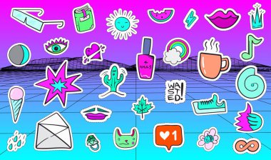 Büyük Buhar Dalgası Renkli Modern Yamalar veya Etiketler. Moda cyan morumsu bantlar. Çizgi film 80 'ler - 90' lar gerileme tarzı. Vektör illüstrasyonu.