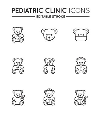 Taslak simgeleri ayarlandı. Pediyatrik hastane kliniği ve tıbbi bakım. Düzenlenebilir felç. Vektör.
