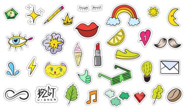 Şirin renkli Modern yama ayarlayın. Moda yamalar. Çizgi film 80 - 90 's tarzı. Vektör çizim