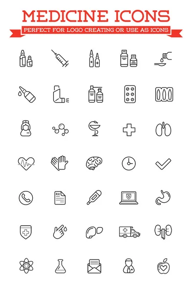 Medicine Drugs Related Icons Thin Vector Set Icons Black White — Stock Vector
