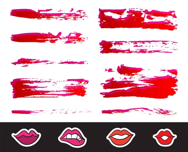 Red Lipstick Smears Set Texture Brush Strokes Isolated White Background — Stock Vector