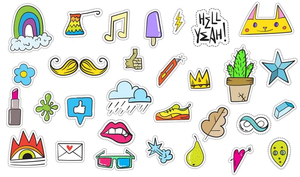 Şirin renkli Modern yama ayarlayın. Moda yamalar. Çizgi film 80 - 90 's tarzı. Vektör çizim