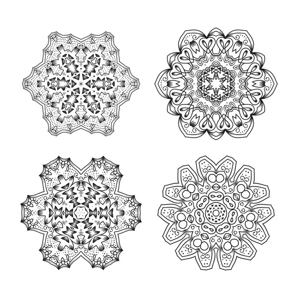 Σύνολο Ethnic Fractal Mandala Vector Tattoo Design Μοιάζει Νιφάδα Χιονιού — Διανυσματικό Αρχείο