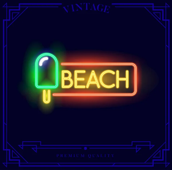Beach Dondurma Neon Işık Işareti Vektör Çizim — Stok Vektör