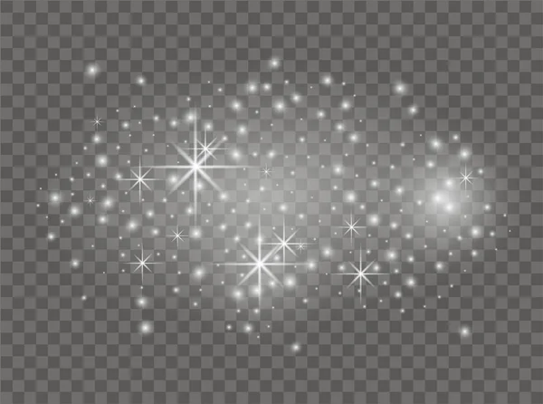 白い火花と星 光で輝いてください ベクトルダストホワイト 透明な背景を持つ輝き クリスマス抽象的なパターン スパークリングマジックダスト粒子 — ストックベクタ