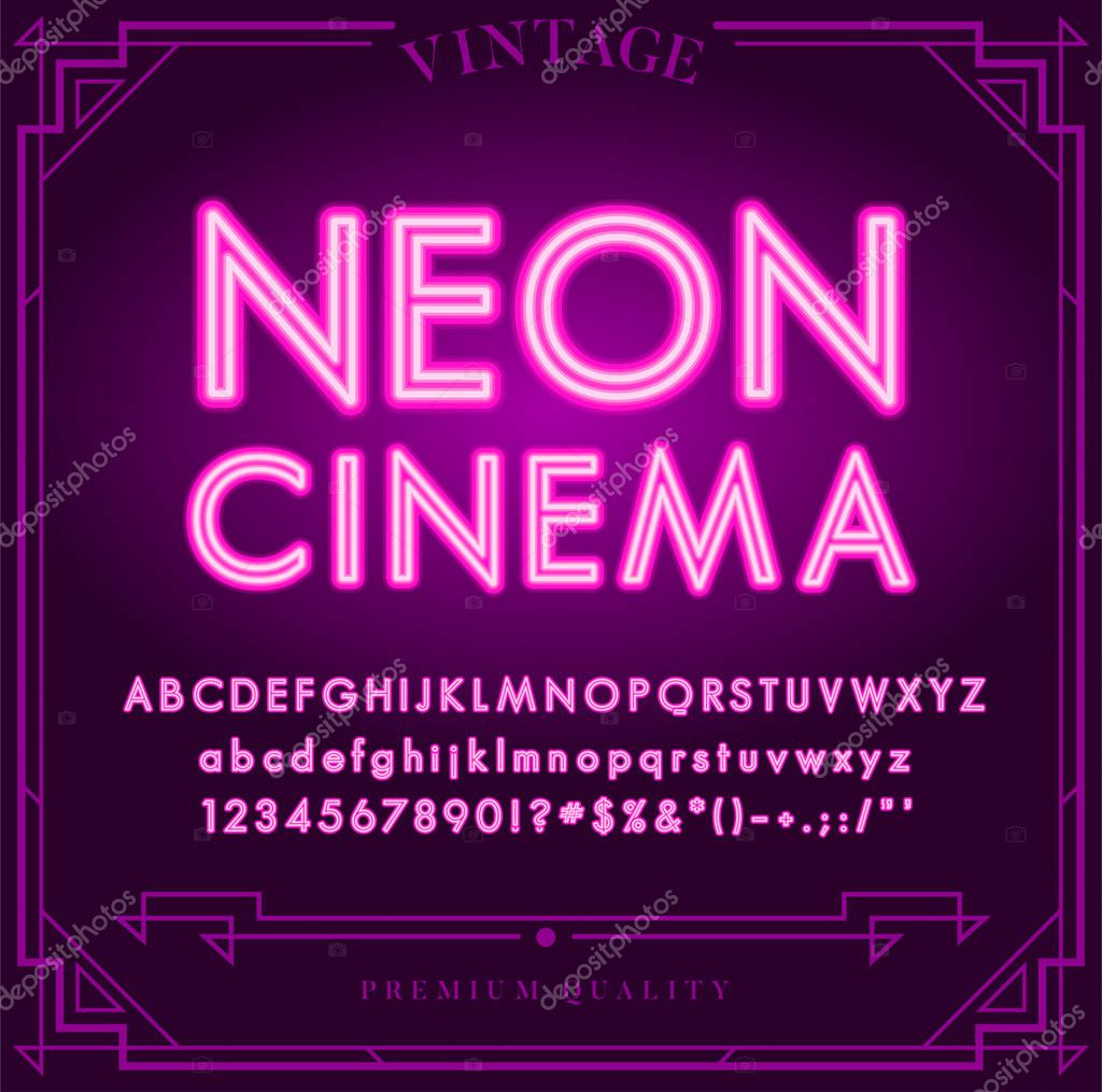 Bright Neon Alphabet Letters, Numbers and Symbols Sign in Vector. Night Show. Night Club.