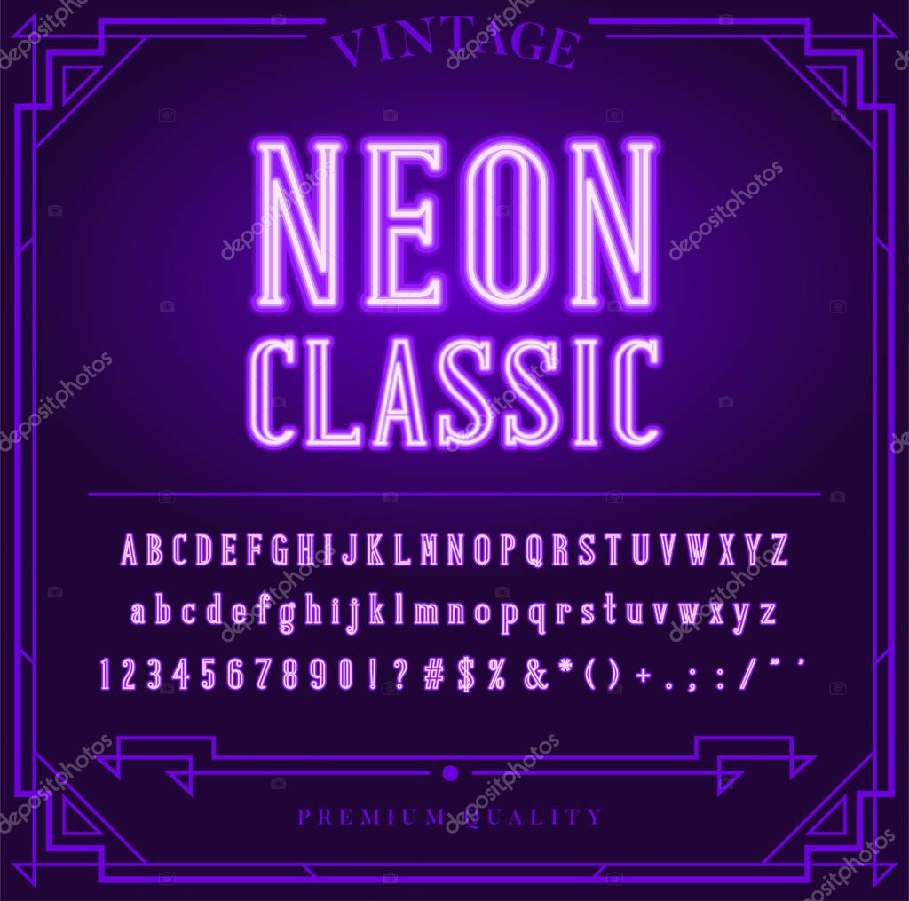 Bright Neon Alphabet Letters, Numbers and Symbols Sign in Vector. Night Show. Night Club.