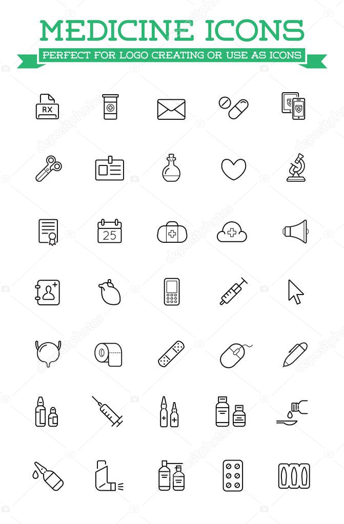 Medicine and Drugs Related Icons. Thin Vector. Set of Icons. Black and White.