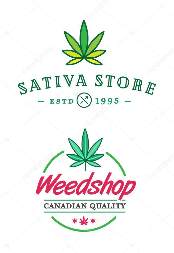 Set of Dispensary Medical Cannabis Marijuana Sign or Label Template in Vector. Sativa and Indica Strains.
