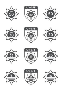 Güneş koruma Uv dizin, dizi Spf 50, Spf 30, 25, 15 vektör simgeler koleksiyonu.