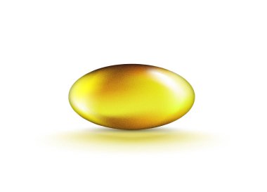 Sıvı jel altın oval yağ balonu şeffaf arka planda izole. E vitamini, A vitamini, omega 3 veya 6 yağ kozmetik kapsülü. Gerçekçi vektör.