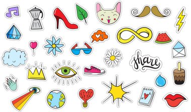 Şirin renkli Modern yama ayarlayın. Moda yamalar. Çizgi film 80 - 90 's tarzı. Vektör çizim