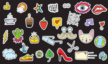 Şirin renkli Modern yama ayarlayın. Moda yamalar. Çizgi film 80 - 90 's tarzı. Vektör çizim