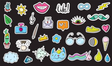 Şirin renkli Modern yama ayarlayın. Moda yamalar. Çizgi film 80 - 90 's tarzı. Vektör çizim