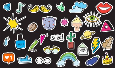 Şirin renkli Modern yama ayarlayın. Moda yamalar. Çizgi film 80 - 90 's tarzı. Vektör çizim