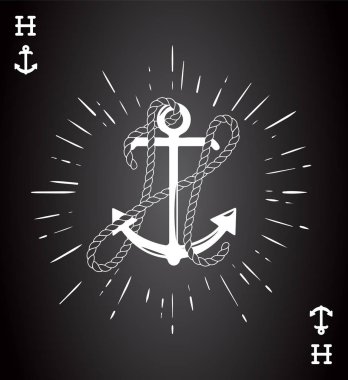 Vintage etiket bir çapa ve mektup ile gemi halatı yaptı. Giyim t-shirt veya afiş tasarımı. Logo Monogram ile iskambil tarz. Vektör çizim.