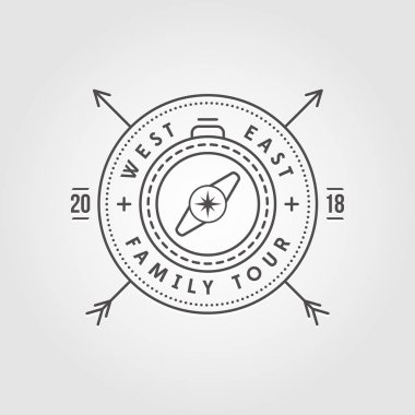 Kamp, macera, Expedition logosu vektör Illustration. Rozet. Açık eğlence, pusula, damga. Vintage tipografi tasarımı