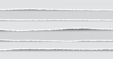 Sökük ve yırtık kağıt şeritler kümesi. Saydam arka plan doku zarar kenar izole kağıdına. Vektör çizim.